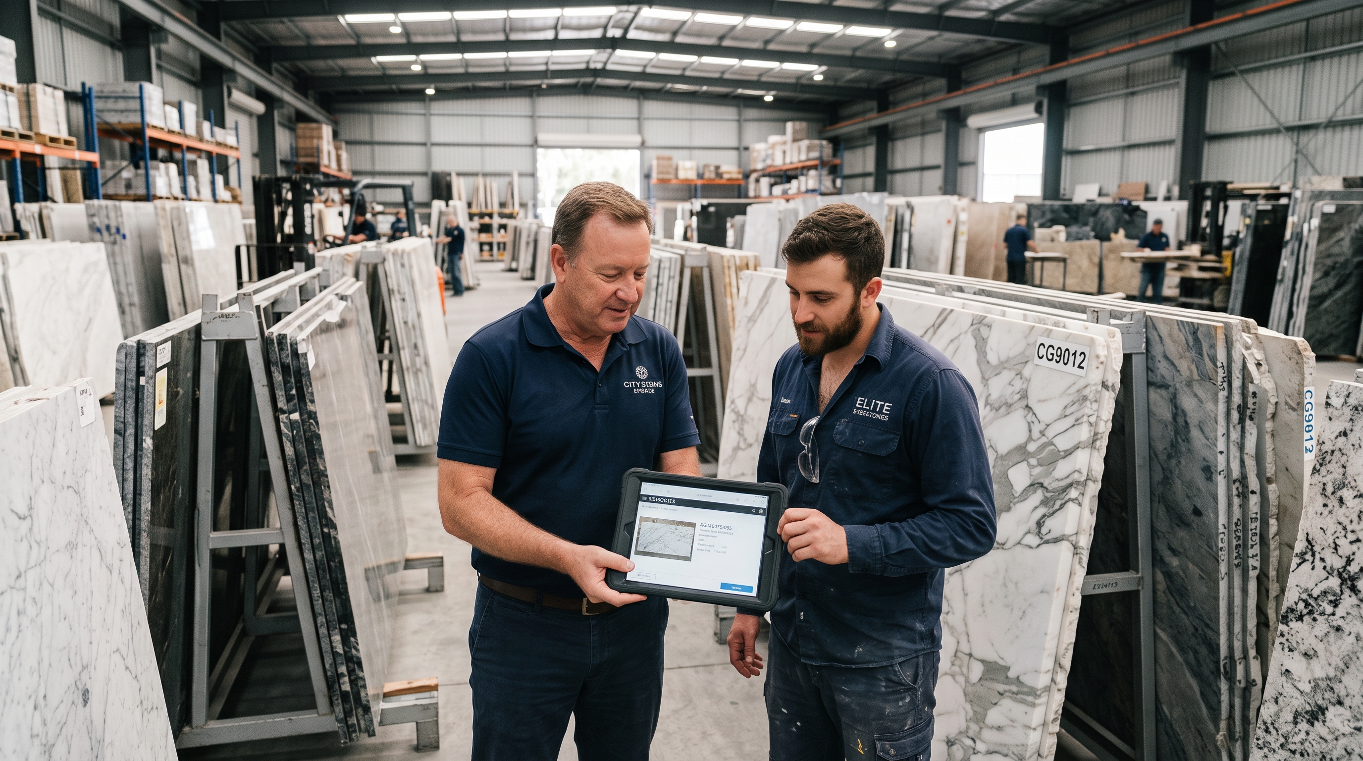 Fabricator reviewing digital slab inventory on a screen