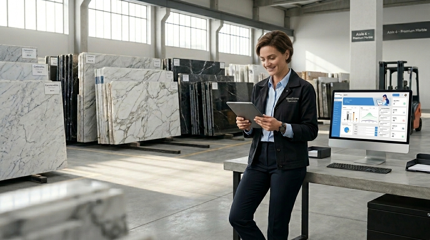 Natural stone slabs in a warehouse yard