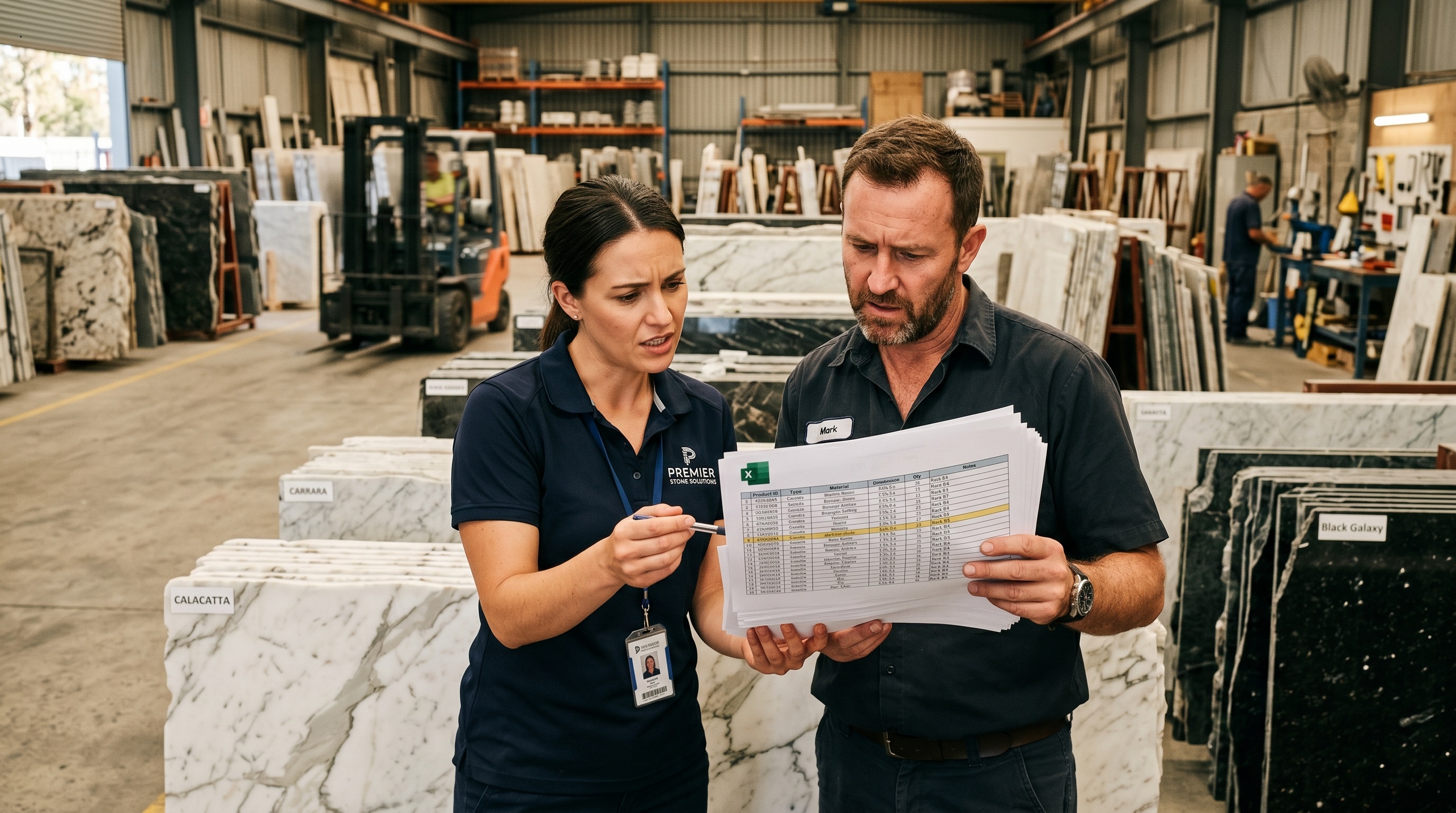 Stone distributor warehouse with marble slabs and a person reviewing printed spreadsheets