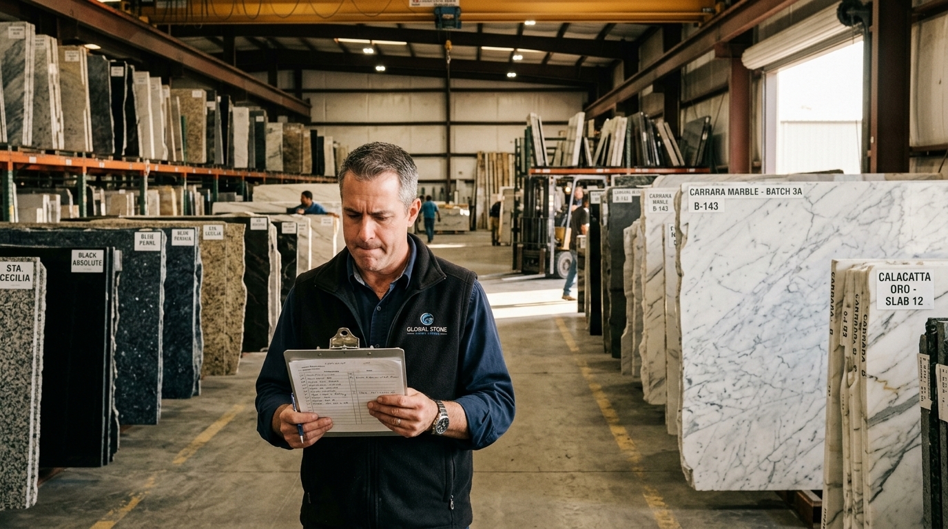 Natural stone slab warehouse with granite and marble inventory