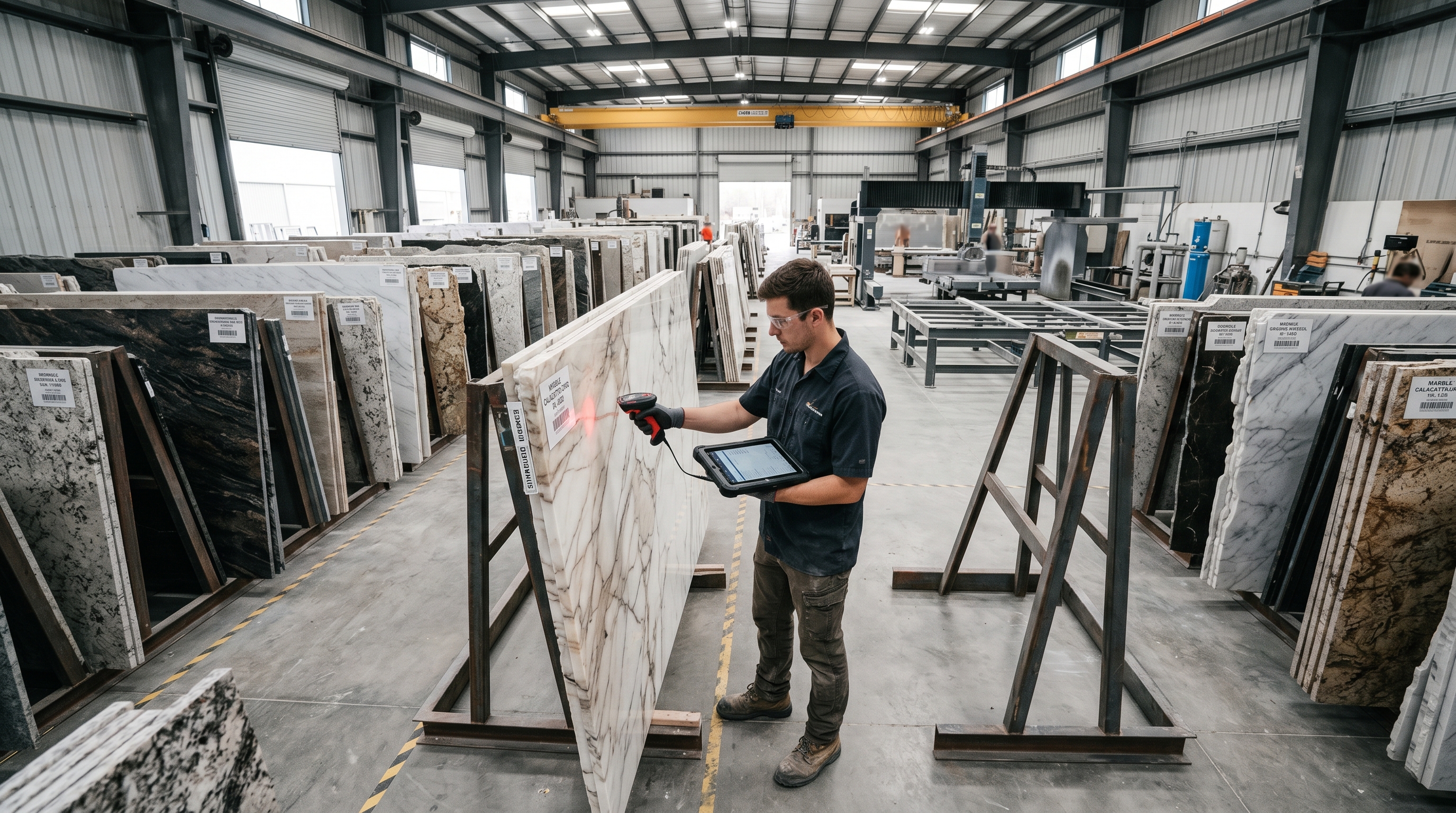 Natural stone fabrication shop with marble and granite slabs