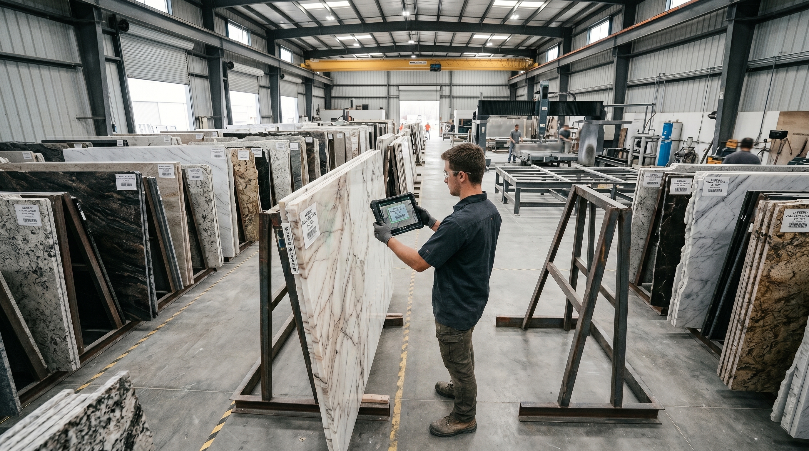 Natural stone fabrication shop with marble and granite slabs