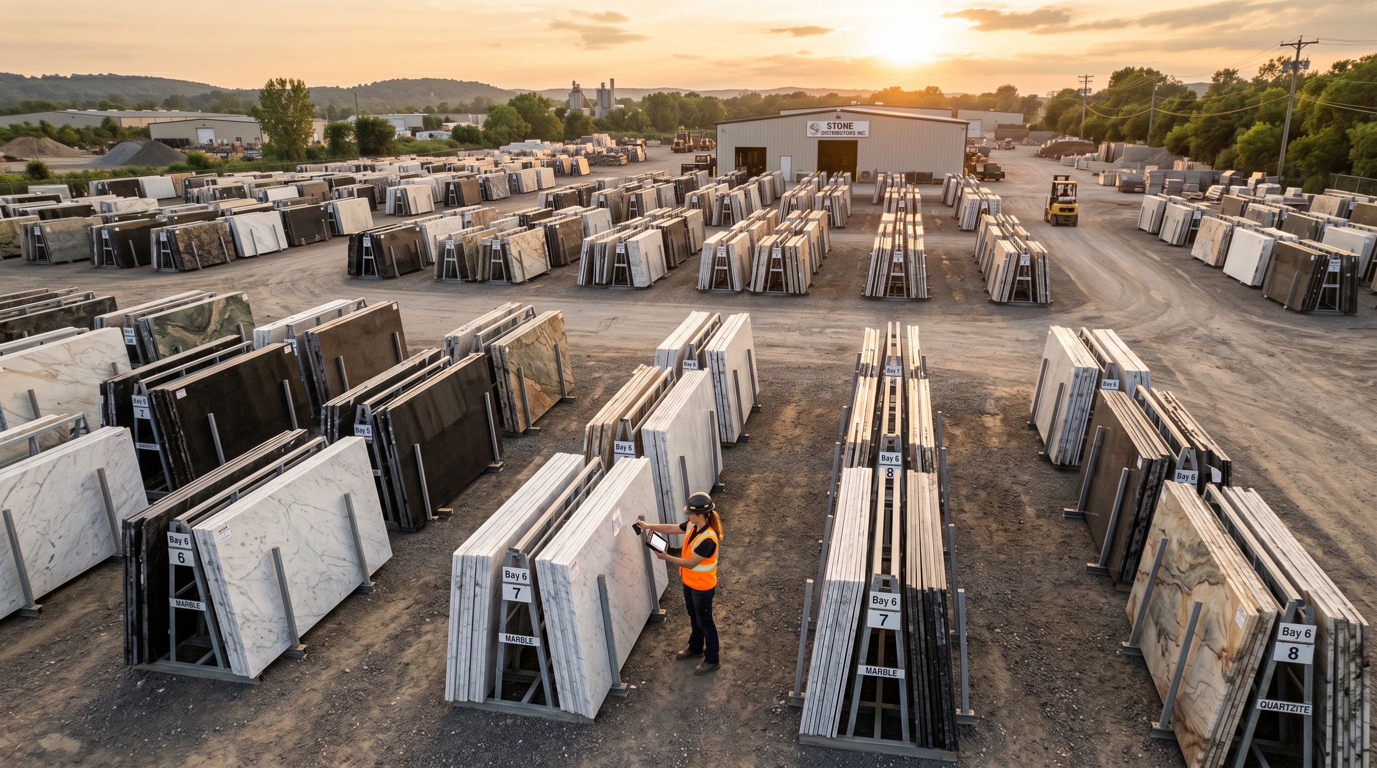 Aerial view of a natural stone yard with organized rows of granite and marble slabs