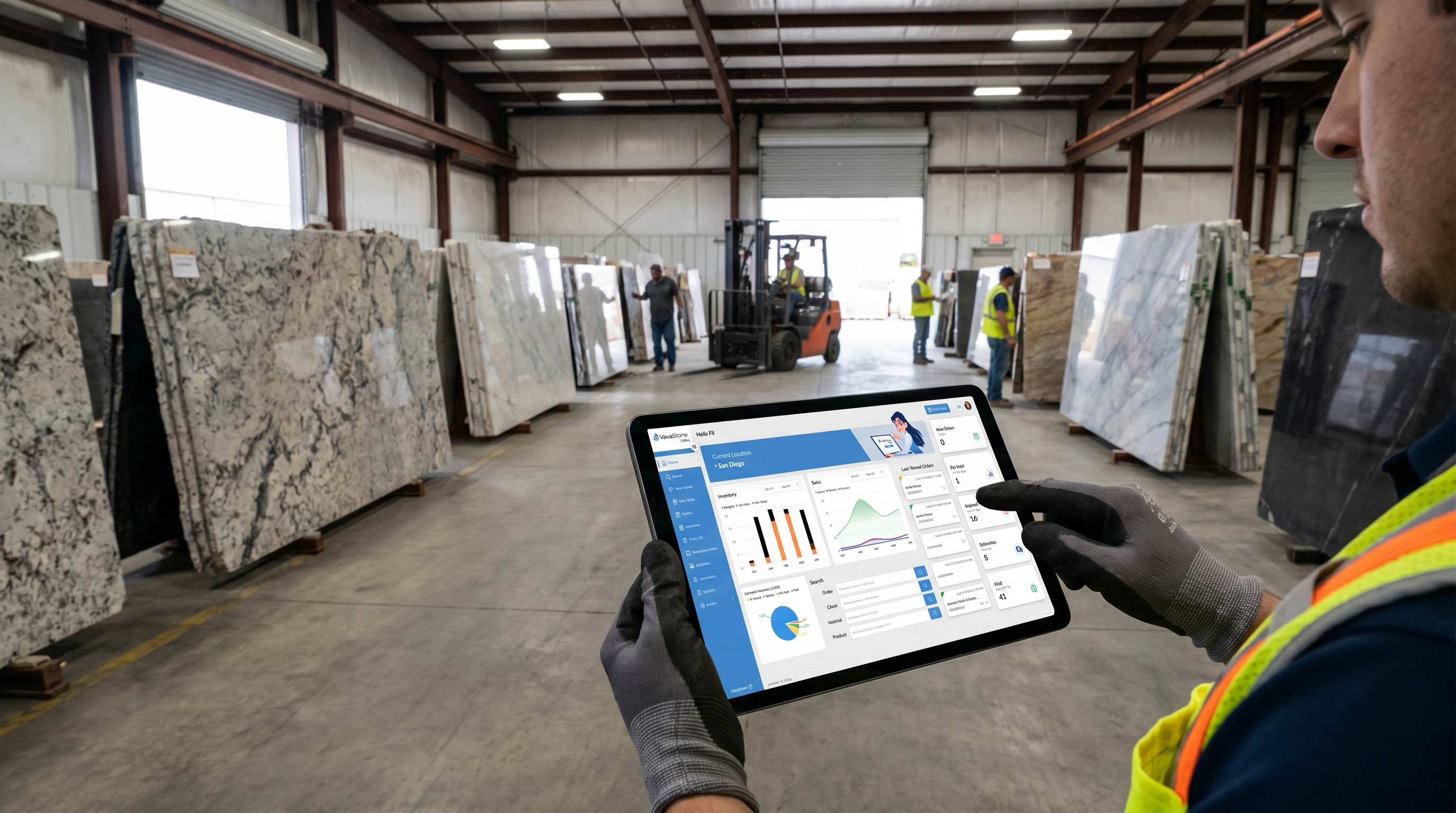 Clean digital dashboard showing stone inventory data in real time