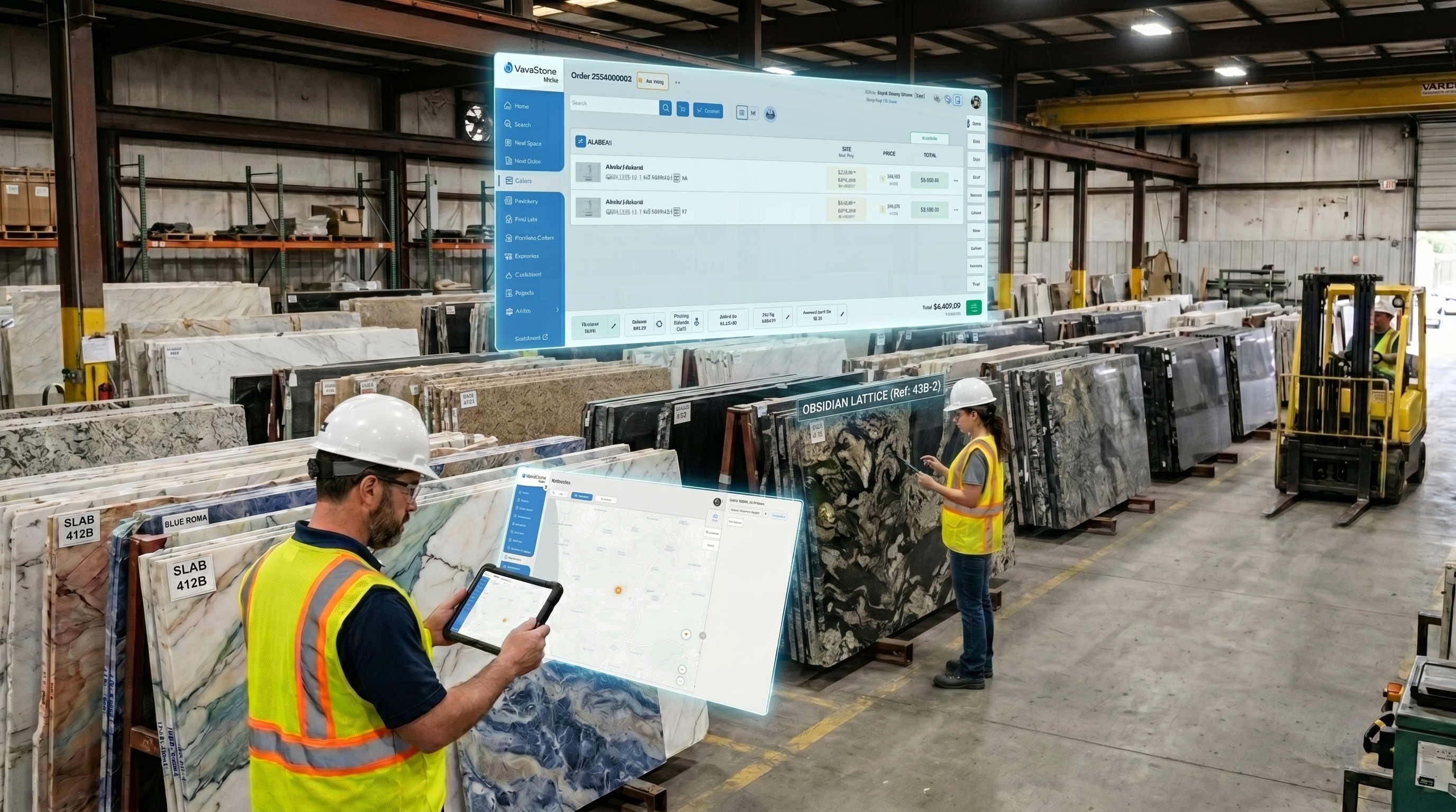 Two stone distribution yards connected by centralized inventory management