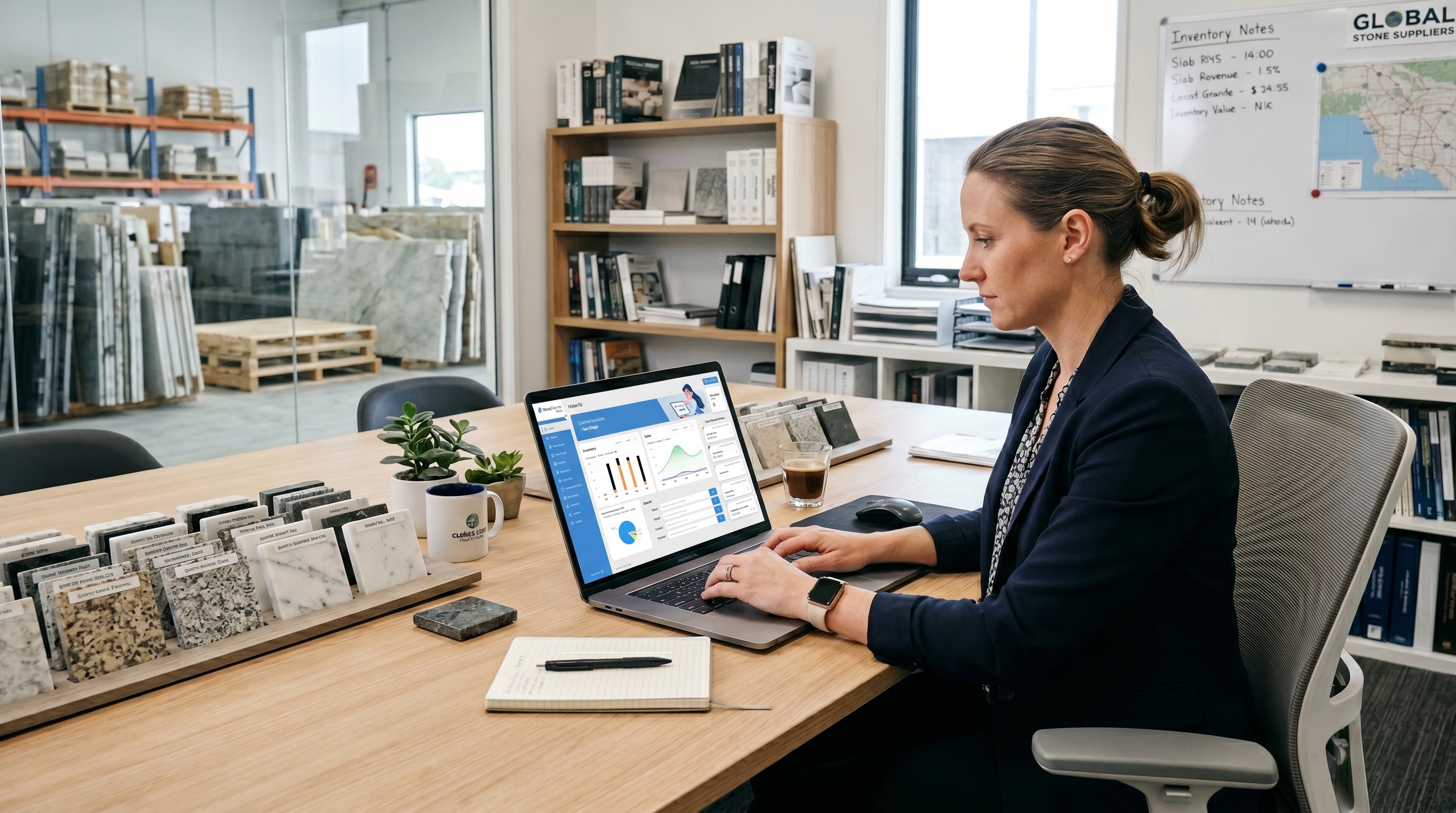 Stone distribution office with accounting software and inventory data on screen