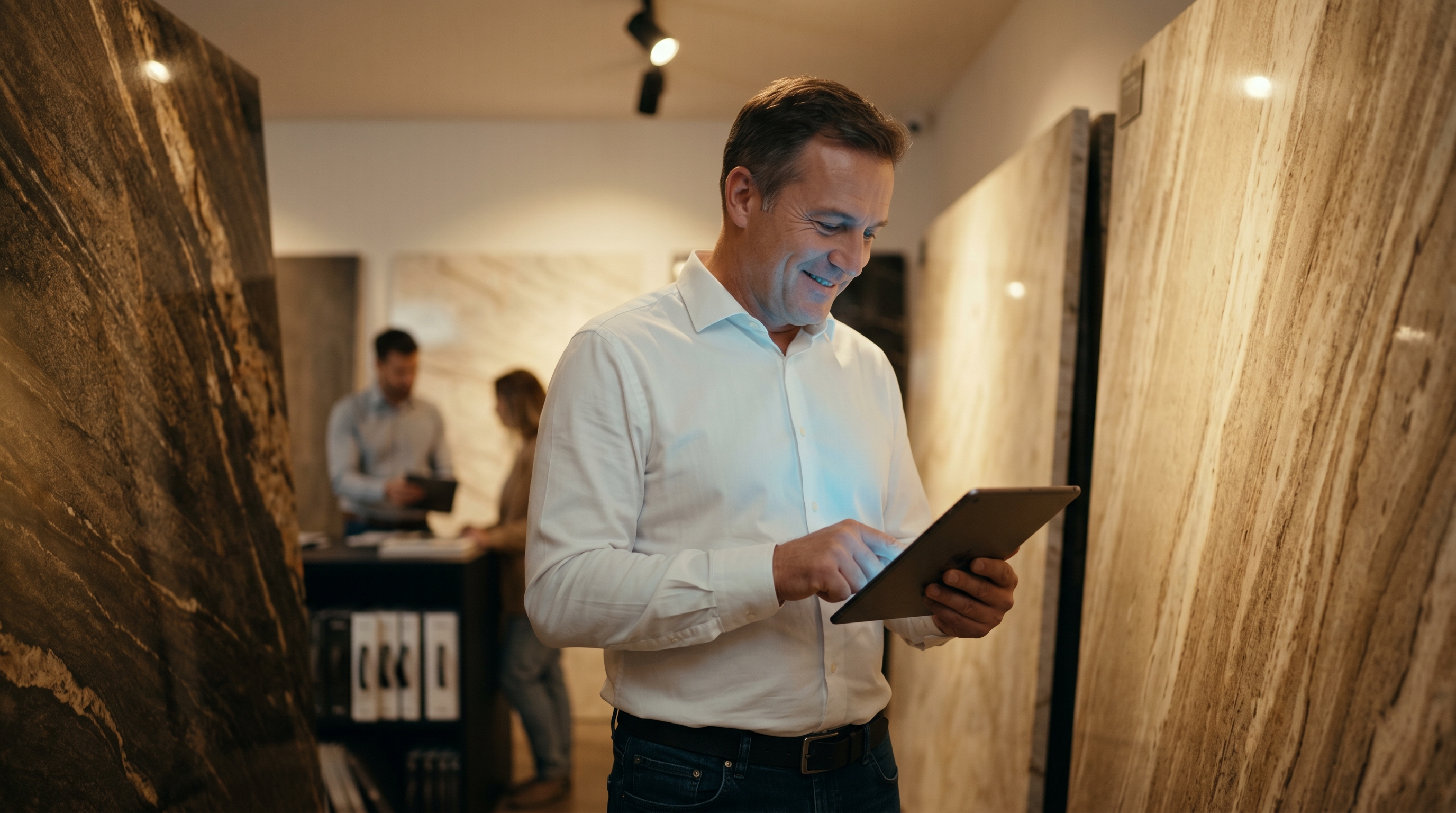 Stone distributor reviewing inventory on a tablet in a slab showroom