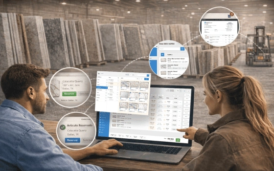Public storefront showing searchable slab catalog with photos and availability