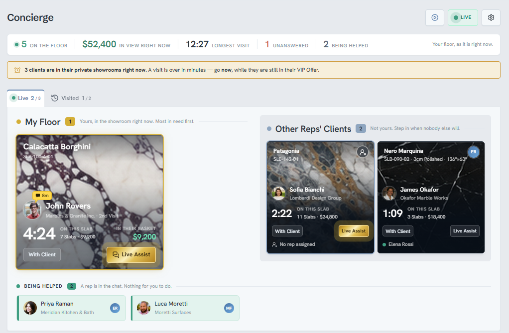 Live concierge board showing clients currently in their showrooms, the slab each is viewing, time on it and basket value.